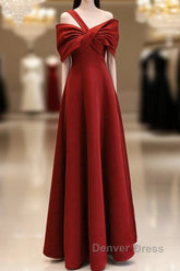 A-Line One Shoulder Satin Burgundy Long Prom Dresses, Burgundy Long Formal Dresses